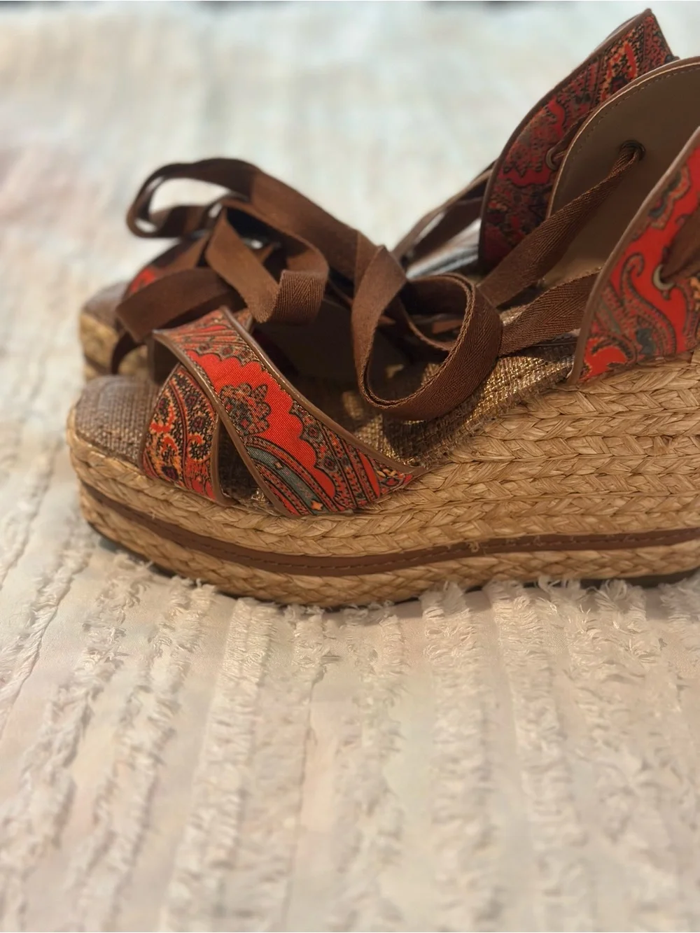 Sam Edelman Brown Ankle-Tie Wedge Sandals with Red Patterned Straps